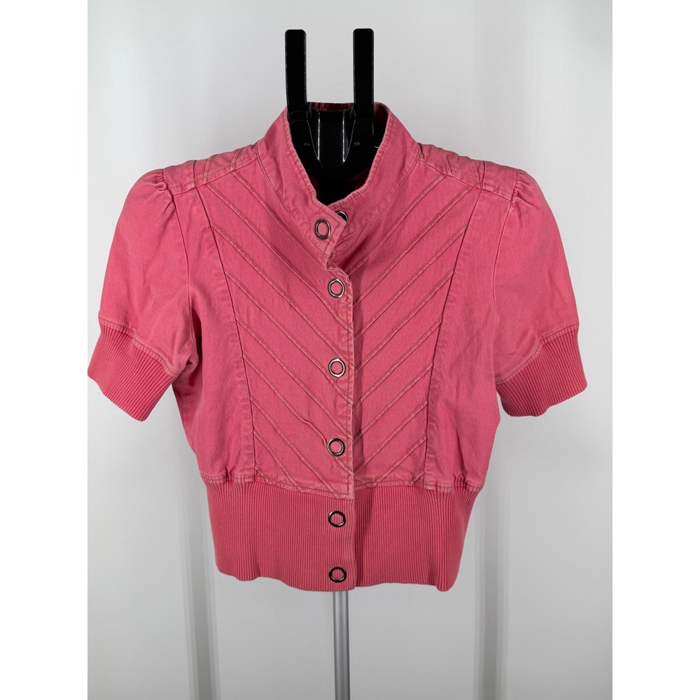 Tulle Pink Short Sleeve Cropped‎ Jacket Button Front Chevron Stitch Large